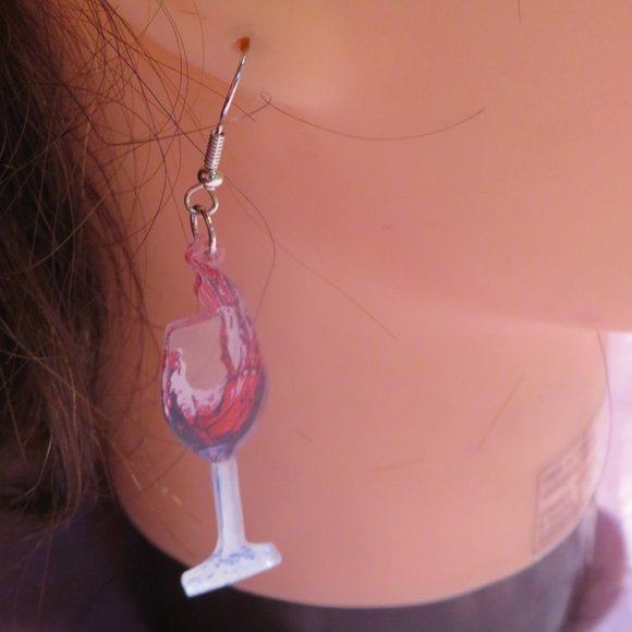 Red Wine Glass Plastic Earrings 4 cm (K384) - Picture 3 of 4